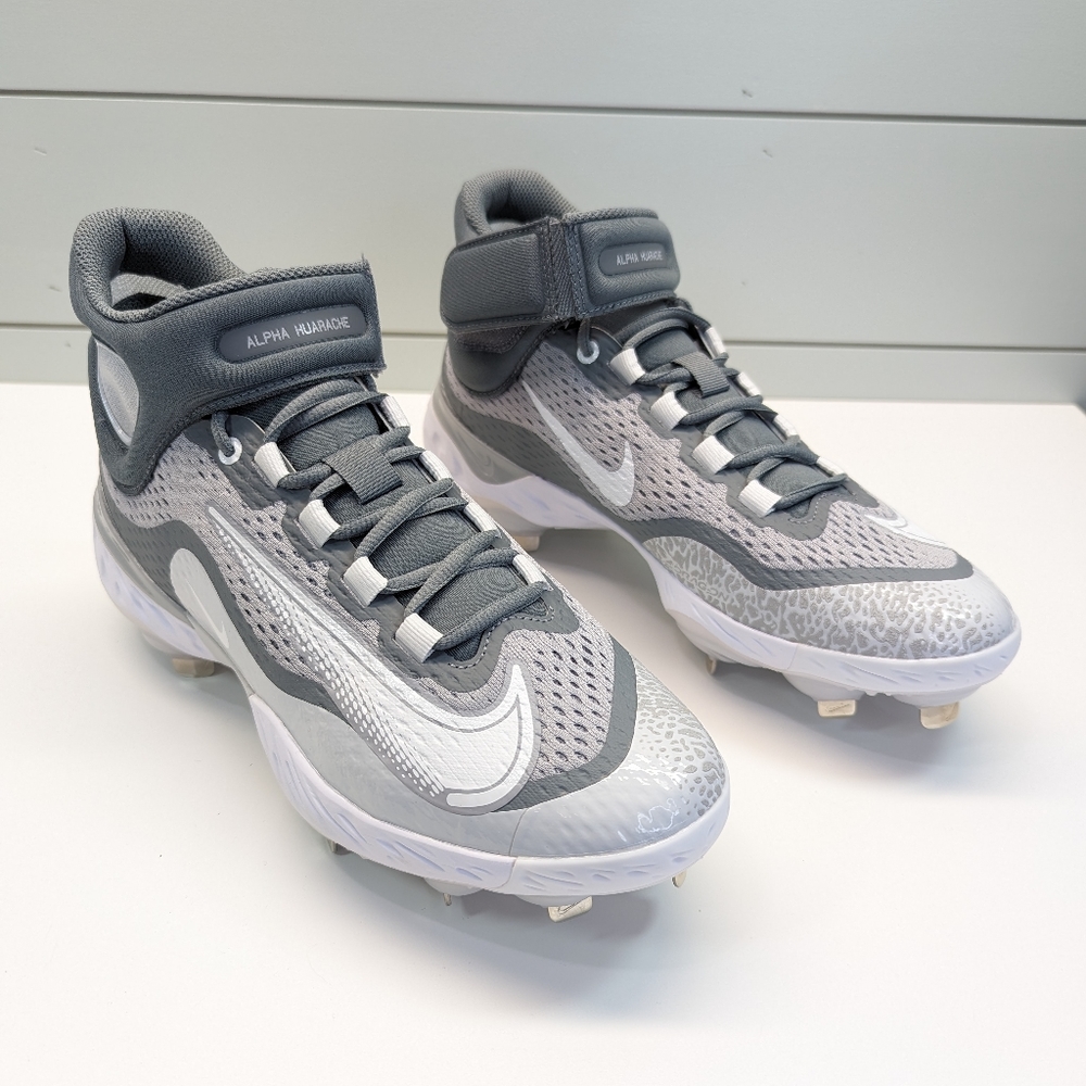 Nike Alpha Huarache Elite 4 Mid Wolf Grey White Metal Cleats size Men's 8.5